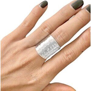 Hammered Sterling Silver Handmade Classic Wide Band Boho Statement Ring, Shiny